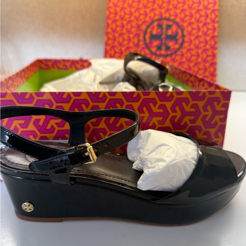 Tory Burch Black Wedge Sandals with Gold Hardware